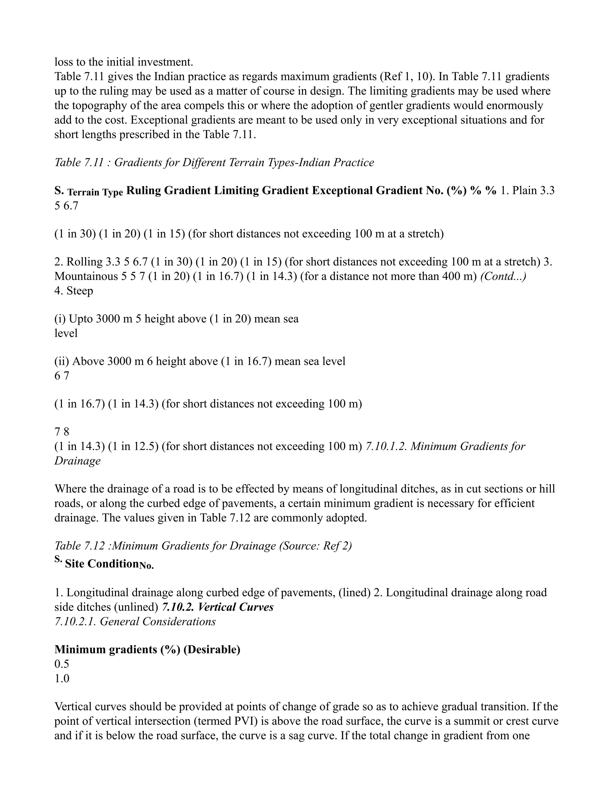 loss to the initial investment.
Table 7.11 gives the Indian practice as regards maximum gradients (Ref 1, 10). In Table 7.11 gradients
up to the ruling may be used as a matter of course in design. The limiting gradients may be used where
the topography of the area compels this or where the adoption of gentler gradients would enormously
add to the cost. Exceptional gradients are meant to be used only in very exceptional situations and for
short lengths prescribed in the Table 7.11.
Table 7.11 : Gradients for Different Terrain Types-Indian Practice
S. Terrain Type Ruling Gradient Limiting Gradient Exceptional Gradient No. (%) % % 1. Plain 3.3
5 6.7
(1 in 30) (1 in 20) (1 in 15) (for short distances not exceeding 100 m at a stretch)
2. Rolling 3.3 5 6.7 (1 in 30) (1 in 20) (1 in 15) (for short distances not exceeding 100 m at a stretch) 3.
Mountainous 5 5 7 (1 in 20) (1 in 16.7) (1 in 14.3) (for a distance not more than 400 m) (Contd...)
4. Steep
(i) Upto 3000 m 5 height above (1 in 20) mean sea
level
(ii) Above 3000 m 6 height above (1 in 16.7) mean sea level
6 7
(1 in 16.7) (1 in 14.3) (for short distances not exceeding 100 m)
7 8
(1 in 14.3) (1 in 12.5) (for short distances not exceeding 100 m) 7.10.1.2. Minimum Gradients for
Drainage
Where the drainage of a road is to be effected by means of longitudinal ditches, as in cut sections or hill
roads, or along the curbed edge of pavements, a certain minimum gradient is necessary for efficient
drainage. The values given in Table 7.12 are commonly adopted.
Table 7.12 :Minimum Gradients for Drainage (Source: Ref 2)
S.
Site ConditionNo.
1. Longitudinal drainage along curbed edge of pavements, (lined) 2. Longitudinal drainage along road
side ditches (unlined) 7.10.2. Vertical Curves
7.10.2.1. General Considerations
Minimum gradients (%) (Desirable)
0.5
1.0
Vertical curves should be provided at points of change of grade so as to achieve gradual transition. If the
point of vertical intersection (termed PVI) is above the road surface, the curve is a summit or crest curve
and if it is below the road surface, the curve is a sag curve. If the total change in gradient from one
 