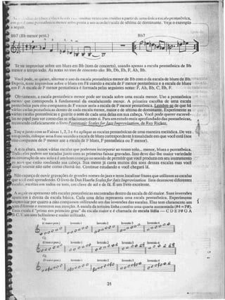 make. K10~~1111110111141~111~1~~lik
L:./hys iiiunas vezes eorearuidas a partirde, uma cínica escala pentatônica,
etetõn ice menor sobe: po.sta a uni aeuidelescala de SUMI Lie dominante. Veja o exemplo
a
Bb7 (Bb menor peru.) Bbi
A
•~amam ,a,r-atemeaerna
llii~1.1~~ L 31
.–~ irra ea-p. MI .:i
r"'=d11111~
1.1411~1111.11~ mreediesiine—.
6111k1ri 411n1.ffize SININIMENNMI11~EMdm ~I ~11~ ffie '
11.8 I 11" MI NI" ~MIM +011 IP"
Te ate improvisar sobre um blucs em Bb (tom de concerto), usando apenas a escala pentatônica de Bb
menor o tempo todo. As notas no tom de concerto são: Bb, Db, Eb, F, Ab, Bb.
Voei pode, se quiser, alternar o uso da escala pentatônica menor de Bb com O da escala de blues de Bb.
Depois, tente improvisar sob (e o blues em Pá usando a escala de F menor pentatônica e a escala de bines
em F A escala de F menor pentatonica e formada pelas seguintes notas: F, Ab. Bb, C. Eb, F.
Olwiamente, a escala pentatõrnea menor pode ser tocada sobre uma escala menor. Use a pcntatõnica
mem,- que corresponda à fundamental da escala/acorde menor. A primeira escolha de uma escala
pentRiônica para oito compassos dc F menor seria a escala de F menor pentatonic a. A dem bre-se. de que há
várias celas pcntatônieas &leniu,' de cada escala menor, maior e de sétima de dominante. Experimente as
várias escalas pentatõnicas e guarde o Som de cada urna delas em sua cabeça. Você pode querer escrevê-
las no papel para ver como elas se relacionam entre si. Para um estudo mais aprofundado das pentatônicas,
recon rendo enfaticamente o livro E a icScalesfo rJasz ide Rlekex,
Toleicjunge com as Faixas 1, 2, 3 c 4 c aplique as escalas peritatónicas de uma maneira melódica. De vez
cm geando, coloque uma frase usando a escala de blues correspondente à tonalidade em que você está (nos
oito compassos de F menor use a escala de F blue s, F pentatônica ou F menor).
A e altura. temos várias escalas que podemos incorporar ao nosso solo.., menor, bines o pentatônica.
Toda elas podem ser tocadas junto com as primeiras faixas gravadas. Isso deve dar-Ilte maior variedade
na construção de seu solo c é um bom começo no sentido de permitir que você produza em seu instrumento
os sees que estão rondando sua cabeça. Sua mente já canta muitos dos sons dessas escalas mas você
sinipi..smente não sabe como chama-las. Continue estudando e você chegará lá.
Nilo esqueça de ouvir gravações de grandes nomes do jaz/ e tente localizar frases que utilizem as escalaa
que aprendendo. O livro de Dan Ilaerle Scales for Jau improvisationt lista ciemum diferentes
escale; , escritas em todos os tons, em clave de sol e de fá. É um livro excelente.
A seguir eu apresento ut•s escalas pentatônicas encontradas dentro da escala de dó maior. Suas inversões
aparek:em a direita da escala básica. Cada urna delas representa uma escala pentatônica. Experimente
i mprovisar por quatro a oito compassos utilizando um das inversões das escalas. Elas tem claramente um
som diferente e. oferece in sua atenção. A escala da terceira linha contém uma quarta aumentada (#4 = Ff).
Essa escala é "prima em primeiro grau" da cbed.la maior e é chamada de escala hdia — C li E F# Cf A
B C. um som belissimo e muito uLíliadci
maior peca.) Inversão 1 Inversão 2 Invado 3 loversão 4
- -
iCt
L2L -41-#."45
*W-0° 0(9
1p naskiku- pç:X.)0 In w ergo 1 Muniu 2 i2 larente 3 ii is~SM 4
6 sr_32.2?-*" -ÁZ-41 • - "1D
-E
L2
CA a.
(D kliaiut vem. ) Inversa°. 1 Invenia 2 Dormia 3 Invado 4
.6
"7 11 ---To
- $":216t- H - -- - -e • - -- - o O f 1
45 04.' - II e:0 0 -
o o
-
31
 