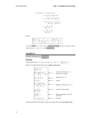 Moisés Villena Muñoz Cap. 1 Límites de Funciones
12
( ) ( )
( ) ( )
( ) ( )
( )
( )
2 2
2 2
2 2
2
2
0 2 1 1 2 1
1 1 2 1
2 2 1 2 2 1
1 1 1
2 2 1 2 2 1
1 1
2
2 1
2
2 1
≤ ≤ ⇒ ≤ + ≤ +
⇒ ≤ + ≤ +
⇒ ≤ + ≤ +
⇒ ≥ ≥
+ +
⇒ ≤
+
∂ ∂
⇒ ≤
+
x x
x
x
x
x
x
Entonces:
( )
( )
( )
2
1 1
1 1
1 2 2 1 2 2
2 1
δ
− −
∂ ∂
− < ≤ ⇒ − <
− −
+
x x
x x
x
Por lo tanto, 2
δ ε
= sirve; es decir, si tomamos 1 2 1 2
x
ε ε
− < < + aseguramos lo propuesto, siempre y
cuando escojamos un ε tal que 1
∂ ≤ , es decir { }
min 1, 2
δ ε
=
Ejemplo 8
Demostrar formalmente que
4
4
lím 4
2
x
x
x
→
−
=
−
.
SOLUCION:
Debemos garantizar que
4
0, 0 0 4 4
2
x
tal que x
x
ε δ δ ε
−
∀ > ∃ > < − < ⇒ − <
−
Igual que en el ejemplo anterior primero vamos a analizar el consecuente:
( )( )
( )
( )( )
( )
( )
4
4
2
2 2
4
2
2 4
2
2 2
2
4
2
4
2
4 2
x
x
x x
x
x
x
x x
x
x
x
x
x
x x
ε
ε
ε
ε
ε
ε
ε
ε
−
− <
−
− +
− <
−
+ − <
− <
− +
<
+
−
<
+
−
<
+
− < +
Ahora para transformar el antecedente, se sigue una secuencia como la anterior pero desde el final:
Factorizamos el numerador ( )
4
x −
para diferencia de cuadrados
Simplificamos ( )
2
x −
Restamos
Multiplicamos y dividimos por ( )
2
x +
Realizamos el Producto Notable
Aplicamos la propiedad del cociente del
valor absoluto
Despejamos
 