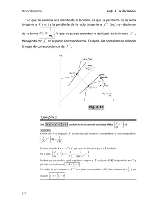 Moisés Villena Muñoz Cap. 3 La derivada
122
Lo que en esencia nos manifiesta el teorema es que la pendiente de la recta
tangente a f ( 1
m ) y la pendiente de la recta tangente a
1
−
f ( 2
m ) se relacionan
de la forma
1
2
1
m
m = . Y que se puede encontrar la derivada de la inversa
1
−
f ,
trabajando con f en el punto correspondiente. Es decir, sin necesidad de conocer
la regla de correspondencia de
1
−
f .
Ejemplo 1
Sea 1
2
)
( 5
+
+
= x
x
x
f una función estrictamente monótona. Hallar ( )
4
1
⎥
⎦
⎤
⎢
⎣
⎡ −
f
dx
d
SOLUCIÓN:
En este caso 4 es rango para f por tanto habrá que encontrar el correspondiente x para reemplazarlo en:
( )
x
f
f
dx
d
´
1
)
4
(
1
=
⎥
⎦
⎤
⎢
⎣
⎡ −
Entonces, teniendo 1
2
4 5
+
+
= x
x por inspección deducimos que 1
=
x la satisface.
Por lo tanto,
( ) ( ) 7
1
2
1
5
1
1
´
1
)
4
( 4
1
=
+
=
=
⎥
⎦
⎤
⎢
⎣
⎡ −
f
f
dx
d
No olvide que este resultado significa que la recta tangente a f en el punto ( )
4
,
1 tiene pendiente 7
=
m y
por tanto su ecuación sería: ( )
1
7
4 −
=
− x
y
En cambio, la recta tangente a
1
−
f en el punto correspondiente ( )
1
,
4 tiene pendiente
7
1
=
m y por
ecuación: ( )
4
7
1
1 −
=
− x
y
Fig. 3.15
 