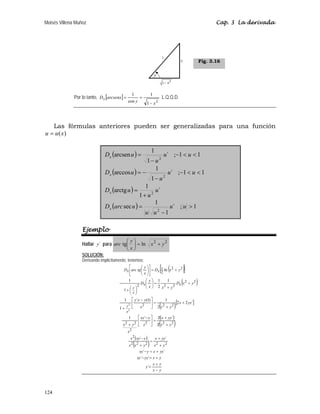 Moisés Villena Muñoz Cap. 3 La derivada
124
Por lo tanto, [ ]
2
1
1
cos
1
x
y
arcsenx
Dx
−
=
= L.Q.Q.D.
Las fórmulas anteriores pueden ser generalizadas para una función
)
(x
u
u =
( ) 1
1
;
´
1
1
arcsen
2


−
−
= u
u
u
u
Dx
( ) 1
1
;
´
1
1
arccos
2


−
−
−
= u
u
u
u
Dx
( ) ´
1
1
arctg 2
u
u
u
Dx
+
=
( ) 1
;
´
1
1
sec
2

−
= u
u
u
u
u
arc
Dx
Ejemplo
Hallar ´
y para 2
2
ln
tg y
x
x
y
arc +
=
⎟
⎠
⎞
⎜
⎝
⎛
SOLUCIÓN:
Derivando implícitamente, tenemos:
( )
[ ]
( )
( )[ ]
( )
( )
( )
( )
y
x
y
x
y
y
x
yy
xy
yy
x
y
xy
y
x
yy
x
y
x
x
y
xy
x
y
x
yy
x
x
y
xy
x
y
x
yy
x
y
x
x
y
x
y
y
x
D
y
x
x
y
D
y
x
D
x
y
tg
arc
D
x
y
x
x
x
y
x
x
−
+
=
+
=
−
+
=
−
+
+
=
+
−
+
/
+
/
=
⎥
⎦
⎤
⎢
⎣
⎡ −
+
+
+
=
⎥
⎦
⎤
⎢
⎣
⎡ −
+
+
+
=
⎟
⎠
⎞
⎜
⎝
⎛
⎟
⎠
⎞
⎜
⎝
⎛
+
+
=
⎥
⎦
⎤
⎢
⎣
⎡
⎟
⎠
⎞
⎜
⎝
⎛
´
´
´
´
´
´
´
2
´
2
´
1
´
2
2
2
1
)
1
(
´
1
1
1
2
1
1
1
ln
2
2
2
2
2
2
2
2
2
2
2
2
2
2
2
2
2
2
2
2
2
2
2
1
2
2
Fig. 3.16
 