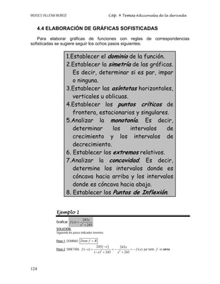 MOISES VILLENA MUÑOZ Cáp. 4 Temas Adicionales de la derivada
124
4.4 ELABORACIÓN DE GRÁFICAS SOFISTICADAS
Para elaborar gráficas de funciones con reglas de correspondencias
sofisticadas se sugiere seguir los ochos pasos siguientes:
1.Establecer el dominio de la función.
2.Establecer la simetría de las gráficas.
Es decir, determinar si es par, impar
o ninguna.
3.Establecer las asíntotas horizontales,
verticales u oblicuas.
4.Establecer los puntos críticos de
frontera, estacionarios y singulares.
5.Analizar la monotonía. Es decir,
determinar los intervalos de
crecimiento y los intervalos de
decrecimiento.
6. Establecer los extremos relativos.
7.Analizar la concavidad. Es decir,
determine los intervalos donde es
cóncava hacia arriba y los intervalos
donde es cóncava hacia abajo.
8. Establecer los Puntos de Inflexión.
Ejemplo 1
Graficar 4
243
( )
243
x
f x
x
=
+
SOLUCIÓN:
Siguiendo los pasos indicados tenemos:
Paso 1. DOMINIO: R
f
Dom =
Paso 2. SIMETRÍA:
( )
4 4
243 243
( ) ( )
( ) 243 243
x x
f x f x
x x
−
− = = − = −
− + +
por tanto f es IMPAR.
 