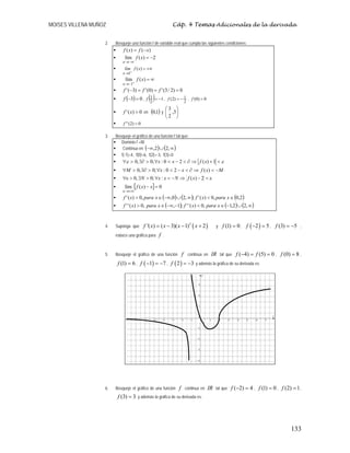 MOISES VILLENA MUÑOZ Cáp. 4 Temas Adicionales de la derivada
133
2. Bosqueje una función f de variable real que cumpla las siguientes condiciones:
ƒ )
(
)
( x
f
x
f −
=
ƒ 2
)
(
lím −
=
−∞
→
x
f
x
ƒ +∞
=
+
→
)
(
1
x
f
lím
x
ƒ ∞
=
+
−
→
)
(
lím
1
x
f
x
ƒ 0
)
2
/
3
(
'
)
0
(
'
)
3
(
' =
=
=
− f
f
f
ƒ ( ) 0
3 =
−
f , ( ) 1
2
3 −
=
f ,
2
1
)
2
( −
=
f , 0
)
0
( =
f
ƒ 0
)
(
' 
x
f en ( )
1
,
0 y ⎟
⎠
⎞
⎜
⎝
⎛
3
,
2
3
ƒ 0
)
2
(
'
' =
f
3. Bosqueje el gráfico de una función f tal que:
ƒ Dominio f =IR
ƒ Contínua en ( ) ( )
∞
∪
−∞ ,
2
2
,
ƒ f(-1)=4, f(0)=6, f(2)=-3, f(3)=0
ƒ ε
ε 
+
⇒
∂

−

∀

∃∂

∀ 1
)
(
2
0
:
;
0
,
0 x
f
x
x
ƒ M
x
f
x
x
M −

⇒
∂

−

∀

∃∂

∀ )
(
2
0
:
;
0
,
0
ƒ ε

−
⇒
−

∀

∃

ε
∀ 2
)
(
:
;
0
,
0 x
f
N
x
x
N
ƒ [ ] 0
)
(
lím =
−
+∞
→
x
x
f
x
ƒ ( ) ( ) ( )
2
,
0
,
0
)
(
'
;
,
2
0
,
,
0
)
(
' ∈

∞
∪
−∞
∈
 x
para
x
f
x
para
x
f
ƒ ( ) ( ) ( )
∞
∪
−
∈

−
−∞
∈
 ,
2
2
,
1
,
0
)
(
'
'
;
1
,
,
0
)
(
'
' x
para
x
f
x
para
x
f
4. Suponga que ( )
2
'( ) ( 3)( 1) 2
f x x x x
= − − + y (1) 0
f = , ( )
2 5
f − = , (3) 5
f = − ,
esboce una gráfica para f .
5. Bosqueje el gráfico de una función f continua en IR tal que ( 4) (5) 0
f f
− = = , (0) 8
f = ,
(1) 6
f = , ( )
1 7
f − = − , ( )
2 3
f = − y además la gráfica de su derivada es:
6. Bosqueje el gráfico de una función f continua en IR tal que ( 2) 4
f − = , (1) 0
f = , (2) 1
f = ,
(3) 3
f = y además la gráfica de su derivada es:
 