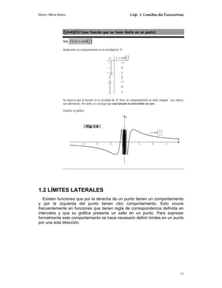 Moisés Villena Muñoz Cap. 1 Límites de Funciones
17
Ejemplo (una función que no tiene límite en un punto)
Sea ( )
x
sen
x
f 1
)
( =
Analicemos su comportamiento en la vecindad de “0”
( )
1
0
1
1
0
1
2
1
3
2
3
2
1
2
1
π
π
π
π
π
π
−
−
−
−
−
=
7
7
x
sen
y
x
Se observa que la función en la vecindad de “0” tiene un comportamiento un tanto singular, sus valores
son alternantes. Por tanto, se concluye que esta función no tiene límite en cero.
Veamos su gráfica.
1.2 LÍMITES LATERALES
Existen funciones que por la derecha de un punto tienen un comportamiento
y por la izquierda del punto tienen otro comportamiento. Esto ocurre
frecuentemente en funciones que tienen regla de correspondencia definida en
intervalos y que su gráfica presenta un salto en un punto. Para expresar
formalmente este comportamiento se hace necesario definir límites en un punto
por una sola dirección.
⎟
⎠
⎞
⎜
⎝
⎛
=
x
sen
y
1
Fig. 1.4
 