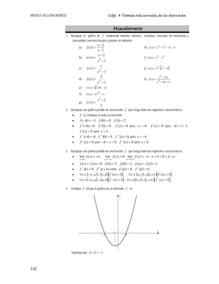 MOISES VILLENA MUÑOZ Cáp. 4 Temas Adicionales de la derivada
142
Misceláneos
1. Bosqueje el grafico de f analizando dominio, simetría , asíntotas, intervalos de monotonía y
concavidad, extremos locales y puntos de inflexión
a)
1
2
)
(
−
−
=
x
x
x
f h) 5
5
)
( 2
3
−
−
+
= x
x
x
x
f
b)
1
2
)
(
2
−
−
=
x
x
x
f i) 3
5
)
( x
x
x
f −
=
c)
1
)
(
2
−
=
x
x
x
f j) ( )
8
)
( 2
3
2
−
= x
x
x
f
d)
1
2
)
(
2
−
=
x
x
f k)
3
4
4
)
(
2
2
+
−
−
=
x
x
x
x
x
f
e) ( )
x
x
x
f −
= 8
)
( 3
f) 1
)
( 3
2
+
=
x
xe
x
f
g)
x
x
x
f
1
)
(
2
−
=
2. Bosqueje una gráfica posible de una función f que tenga todas las siguientes características:
• f es continua en toda su extensión
• 3
)
4
( −
=
−
f , 0
)
0
( =
f , 2
)
3
( =
f
• 0
)
4
´( =
−
f , 0
)
3
´( =
f , 0
)
´( 
x
f para 4
−

x , 0
)
´( 
x
f para 3
4 

− x ,
0
)
´( 
x
f para 3

x .
• 0
)
4
´´( =
−
f , 0
)
0
´´( =
f , 0
)
´´( 
x
f para 4
−

x
• 0
)
´´( 
x
f para 0
4 

− x , 0
)
´´( 
x
f para 0

x
3. Bosqueje una gráfica posible de una función f que tenga todas las siguientes características:
• +∞
=
→
)
(
lím x
f
a
x
0
)
(
lím =
−∞
→
x
f
x
−∞
=
+∞
→
)
(
lím x
f
x
e
d
b
a 


 0
• 0
)
(
)
( =
= e
f
c
f , 5
)
( =
b
f , 3
)
0
( =
f , 1
)
(
)
( =
= d
f
a
f
• 0
)
´´( =
b
f , )
´´(c
f no existe, 0
)
´( =
d
f , 0
)
´´( 
d
f ,
• ( ) ( )[ ]
0
)
´(
,
, 
∪
−∞
∈
∀ x
f
d
c
a
x , ( ) ( )[ ]
0
)
´(
,
, 
+∞
∪
∈
∀ x
f
d
c
a
x
• ( ) ( )[ ]
0
)
´´(
,
, 
∪
−∞
∈
∀ x
f
b
a
a
x , ( ) ( )[ ]
0
)
´´(
,
, 
+∞
∪
∈
∀ x
f
c
c
b
x
4. Grafique f tal que la gráfica de su derivada ´
f es:
Suponga que 1
)
1
( −
=
−
f
x
y
1
−
2
3
−
 