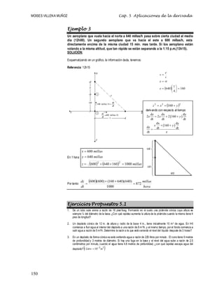 MOISES VILLENA MUÑOZ Cap. 5 Aplicaciones de la derivada
150
Ejemplo 3
Un aeroplano que vuela hacia el norte a 640 millas/h pasa sobre cierta ciudad al medio
día (12h00). Un segundo aeroplano que va hacia el este a 600 millas/h, esta
directamente encima de la misma ciudad 15 min. mas tarde. Si los aeroplano están
volando a la misma altitud, que tan rápido se están separando a la 1:15 p.m.(13h15).
SOLUCIÓN:
Esquematizando en un gráfico, la información dada, tenemos:
Referencia: 12h15
En 1 hora:
    millas
z
millas
y
millas
x
1000
160
640
600
640
600
2
2






Por tanto:
 
hora
millas
dt
dz
872
1000
)
640
)(
640
160
(
)
600
(
600




Ejercicios Propuestos 5.1
1. De un tubo sale arena a razón de 16 pies3/seg. Formando en el suelo una pirámide cónica cuya altura es
siempre ¼ del diámetro de la base. ¿Con qué rapidez aumenta la altura de la pirámide cuando la misma tiene 4
pies de longitud?
2. Un depósito cónico de 12 m. de altura y radio de la base 4 m., tiene inicialmente 10 m3 de agua. En t=0
comienza a fluir agua al interior del depósito a una razón de 8 m3/h, y al mismo tiempo, por el fondo comienza a
salir agua a razón de 5 m3/h. Determine la razón a la que está variando el nivel del líquido después de 3 horas?
3. En un depósito de forma cónica se está vertiendo agua a razón de 225 litros por minuto . El cono tiene 6 metros
de profundidad y 3 metros de diámetro. Si hay una fuga en la base y el nivel del agua sube a razón de 2.5
centímetros por minuto, cuando el agua tiene 4.8 metros de profundidad, ¿con qué rapidez escapa agua del
depósito? 
3
3
10
1 m
Litro 

  160
4
1
640 









e
vt
e
t
e
v
 2
2
2
160 y
x
z 


derivando con respecto al tiempo
 
 
dz dx dy
2z 2 2 160
dt dt dt
dx dy
160
dz dt dt
dt z
x y
x y
  
 

 