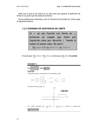Moisés Villena Muñoz Cap. 1 Límites de Funciones
20
Note que lo que se ha hecho es no otra cosa que separar la definición de
límite en un punto que fue dada al comienzo.
De las definiciones anteriores y por el Teorema de Unicidad de Límite surge
el siguiente teorema.
1.2.3 TEOREMA DE EXISTENCIA DE LÍMITE
Si f es una función con límite en 0
x
entonces se cumple que tanto por
izquierda como por derecha f tiende al
tomar el mismo valor. Es decir:
( ) L
x
f
L
x
f
L
x
f
x
x
x
x
x
x
=
∧
=
≡
= −
+
→
→
→
)
(
lím
)
(
lím
)
(
lím
0
0
0
Si se da que )
(
lím
)
(
lím
0
0
x
f
x
f
x
x
x
x −
+
→
→
≠ , se dice que )
(
lím
0
x
f
x
x→
no existe.
Ejemplo 1
Sea
2
2
)
(
−
−
=
x
x
x
f . Hallar )
(
lím
2
x
f
x→
:
SOLUCIÓN:
Expresando la regla de correspondencia sin valor absoluto, resulta:
( ) ⎩
⎨
⎧

−

=
⎪
⎪
⎩
⎪
⎪
⎨
⎧

−
−
−

−
−
=
−
−
=
2
;
1
2
;
1
2
;
2
2
2
;
2
2
2
2
)
(
x
x
x
x
x
x
x
x
x
x
x
f
Esto quiere decir que su gráfica es:
De la gráfica observamos que 1
)
(
lím
2
=
+
→
x
f
x
y 1
)
(
lím
2
−
=
−
→
x
f
x
; entonces se concluye que
existe
no
x
f
x
)
(
lím
2
→
.
Fig. 1.8
 