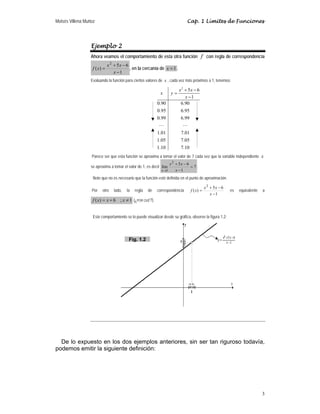 Moisés Villena Muñoz Cap. 1 Límites de Funciones
3
2
5 6
1
0.90 6.90
0.95 6.95
0.99 6.99
1.01 7.01
1.05 7.05
1.10 7.10
x x
x y
x
+ −
=
−
" "
Ejemplo 2
Ahora veamos el comportamiento de esta otra función f con regla de correspondencia
1
6
5
)
(
2
−
−
+
=
x
x
x
x
f , en la cercanía de 1
=
x .
Evaluando la función para ciertos valores de x , cada vez más próximos a 1, tenemos:
Parece ser que esta función se aproxima a tomar el valor de 7 cada vez que la variable independiente x
se aproxima a tomar el valor de 1, es decir 7
1
6
5
lím
2
1
=
−
−
+
→ x
x
x
x
.
Note que no es necesario que la función esté definida en el punto de aproximación.
Por otro lado, la regla de correspondencia
1
6
5
)
(
2
−
−
+
=
x
x
x
x
f es equivalente a
1
;
6
)
( ≠
+
= x
x
x
f (¿POR QUÉ?).
Este comportamiento se lo puede visualizar desde su gráfica, observe la figura 1.2:
De lo expuesto en los dos ejemplos anteriores, sin ser tan riguroso todavía,
podemos emitir la siguiente definición:
Fig. 1.2
 