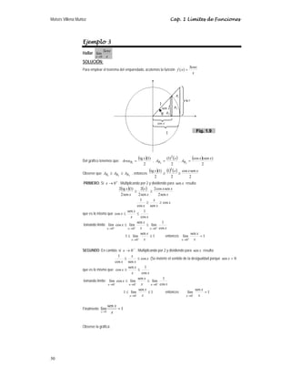 Moisés Villena Muñoz Cap. 1 Límites de Funciones
30
Ejemplo 3
Hallar
x
Senx
x 0
lím
→
SOLUCIÓN:
Para emplear el teorema del emparedado, acotemos la función
x
Senx
x
f =
)
(
Del gráfico tenemos que:
( )
2
)
1
(
tg
1
x
AreaR = ,
( )
2
)
1
( 2
2
x
AR = ,
( )
2
)
(sen
cos
3
x
x
AR =
Observe que 3
2
1 R
R
R A
A
A ≥
≥ , entonces
( ) ( ) ( )
2
sen
cos
2
1
2
)
1
(
tg 2
x
x
x
x
≥
≥
PRIMERO: Si +
→ 0
x . Multiplicando por 2 y dividiendo para x
sen resulta:
( ) ( )
x
x
x
x
x
x
x
sen
2
sen
cos
2
sen
2
2
sen
2
)
1
(
tg
2
≥
≥
x
x
x
x
cos
sen
cos
1
≥
≥
que es lo mismo que
x
x
x
x
cos
1
sen
cos ≤
≤
tomando límite
x
x
x
x
x
x
x cos
1
lím
sen
lím
cos
lím
0
0
0 +
+
+
→
→
→
≤
≤
1
sen
lím
1
0
≤
≤
+
→ x
x
x
entonces 1
sen
lím
0
=
+
→ x
x
x
SEGUNDO: En cambio, si −
→ 0
x . Multiplicando por 2 y dividiendo para x
sen resulta:
x
x
x
x
cos
sen
cos
1
≤
≤ (Se invierte el sentido de la desigualdad porque 0
sen 
x
que es lo mismo que:
x
x
x
x
cos
1
sen
cos ≤
≤
tomando límite:
x
x
x
x
x
x
x cos
1
lím
sen
lím
cos
lím
0
0
0 −
−
−
→
→
→
≤
≤
1
sen
lím
1
0
≤
≤
−
→ x
x
x
entonces 1
sen
lím
0
=
−
→ x
x
x
Finalmente
0
sen
lím 1
x
x
x
→
=
Observe la gráfica:
x
sen
x
cos
2
R
x
tg
x
1
1
3
R
1
R
Fig. 1.9
 