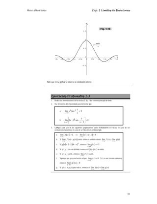Moisés Villena Muñoz Cap. 1 Límites de Funciones
31
Note que en su gráfica se observa la conclusión anterior.
Ejercicios Propuestos 1.3
1. Realice las demostraciones de los incisos 5, 6 y 7 del Teorema principal de límite.
2. Use el teorema del emparedado para demostrar que:
a. 0
1
lím 2
4
0
=
→ x
Sen
x
x
b. ( ) 0
1
1
sen
1
lím 2
1
=
⎥
⎦
⎤
⎢
⎣
⎡
−
−
+
→ x
x
x
3. Califique cada una de las siguientes proposiciones como VERDADERA O FALSA, en caso de ser
verdadera demuéstrela y en caso de ser falsa dé un contraejemplo.
a. ( )
( ) ( )
( )
0 0
lím lím 0
x x x x
f x L f x L
→ →
= ⇒ − =
b. Si ( )
0
lím ( ) ( )
x x
f x g x
→
− existe, entonces también existen
0
lím ( )
x x
f x
→
y
0
lím ( )
x x
g x
→
c. Si ( ) ( )2
4
3
5 x
x
g −
≤
+ , entonces ( ) 5
lím
4
−
=
→
x
g
x
d. Si ( )
0
f x no está definida, entonces el
0
lím ( )
x x
f x
→
no existe
e. Si ( )
0
f x existe, entonces
0
lím ( )
x x
f x
→
existe
f. Suponga que g es una función tal que 0
)
(
lím
0
=
→
x
g
x
. Si f es una función cualquiera,
entonces ( ) 0
)
(
lím
0
=
→
x
fg
x
g. Si )
(
)
( x
g
x
f ≠ para toda x , entonces el
0 0
lím ( ) lím ( )
x x x x
f x g x
→ →
≠
sen x
y
x
=
Fig. 1.10
 