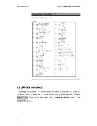 Moisés Villena Muñoz Cap. 1 Límites de Funciones
54
Ejercicios propuestos 1.9
1. Demostrar formalmente que 0
1
lím =
−∞
→ x
x
2. Calcular:
1.
3 2
3
5 3 4 3
lím
3 1
x
x x x
x x
→∞
− + −
+ +
2. 2
3
lím
2 5 1
x
x
x x
→−∞ − +
3.
( ) ( )
5
2
3
3
2
lím 5
2
3
+
−
+
∞
→ x
x
x
x
4.
( )
3
3
2
lím
x
x
x
x +
+
∞
→
5. lím
x
x
x x x
→∞
+ +
6.
3 2
1
lím
1
x
x
x
→∞
+
+
7.
( )( )( )
3
2 3 3 5 4 6
lím
3 1
x
x x x
x x
→∞
− + −
+ −
8.
( )
1
!
sen
lím 2
+
∞
→ x
x
x
x
9.
2
3 3
lím
1
x
x
x
→∞
−
+
10.
5
lím
2
x
x
x
→−∞ −
11.
3 2
3
3 2 1
lím
8
x
x x x
x
→∞
+ − +
−
12.
2
1
lím
x
x
x
→−∞
+
13.
2
2 1
3
x
x
lím
x
→−∞
−
14.
2
5
2
x
x
lím
x
→−∞
−
+
15.
2
3 1
lím
1
x
x
x
→−∞
+
−
16.
3
6
5 1
lím
2
x
x
x
→−∞
−
+
17.
2
lím
x
x x x
→∞
+ −
18. ( )
x
x
x
x
−
−
+∞
→
1
lím 2
19. ( )
2 2
lím 1
x
x x x x
→∞
+ + − −
20. ( )
2 4 2
lím 2
x
x x x
→+∞
− − +
21. ( )
lím 3 2
x
x x x
→+∞
+ − +
22.
x
x x
x
⎟
⎠
⎞
⎜
⎝
⎛
+
−
∞
→ 1
1
lím
23.
2
1
lím
3
x
x
x
x
+
→∞
−
⎛ ⎞
⎜ ⎟
+
⎝ ⎠
24.
2
lím ln
5
x
x
x
x
→∞
⎡ ⎤
+
⎛ ⎞
⎜ ⎟
⎢ ⎥
−
⎝ ⎠
⎣ ⎦
1.6 LÍMITES INFINITOS
Suponga que cuando x toma valores próximos a un punto 0
x , tanto por
izquierda como por derecha, f toma valores muy grandes positivo; es decir
∞
=
→
)
(
lím
0
x
f
x
x
. Diremos, en este caso, que f crece sin límite o que f no
tiene límite en 0
x .
 
