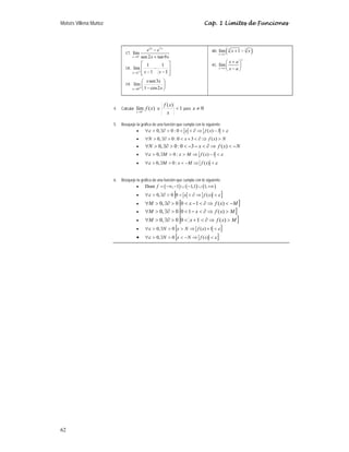Moisés Villena Muñoz Cap. 1 Límites de Funciones
62
17.
2 7
0
lím
sen 2 tan9
x x
x
e e
x x
+
→
−
+
18.
⎥
⎥
⎦
⎤
⎢
⎢
⎣
⎡
−
−
−
+
→ 1
1
1
1
lím
1 x
x
x
19. ⎟
⎠
⎞
⎜
⎝
⎛
−
+
→ x
x
x
x 2
cos
1
3
sen
lím
0
40. ( )
3 3
lím 1
x
x x
→∞
+ −
41. lím
x
x
x a
x a
→∞
+
⎛ ⎞
⎜ ⎟
−
⎝ ⎠
4. Calcular )
(
lím
0
x
f
x +
→
si 1
)
(

x
x
f
para 0
≠
x
5. Bosqueje la gráfica de una función que cumpla con lo siguiente:
• ε
ε 
−
⇒
∂



∃∂

∀ 3
)
(
0
:
0
,
0 x
f
x
• N
x
f
x
N 
⇒
∂

+


∃∂

∀ )
(
3
0
:
0
,
0
• 0, 0 : 0 3 ( )
N x f x N
∀  ∃∂   − −  ∂ ⇒  −
• ε
ε 
−
⇒


∃

∀ 1
)
(
:
0
,
0 x
f
M
x
M
• 0, 0: ( )
M x M f x
ε ε
∀  ∃   − ⇒ 
6. Bosqueje la gráfica de una función que cumpla con lo siguiente:
• ( ) ( ) ( )
Dom , 1 1,1 1,
f = −∞ − ∪ − ∪ +∞
• [ ]
ε
ε 
⇒
∂



∃∂

∀ )
(
0
0
,
0 x
f
x
• [ ]
M
x
f
x
M −

⇒
∂

−


∃∂

∀ )
(
1
0
0
,
0
• [ ]
M
x
f
x
M 
⇒
∂

−


∃∂

∀ )
(
1
0
0
,
0
• [ ]
M
x
f
x
M 
⇒
∂

+


∃∂

∀ )
(
1
0
0
,
0
• [ ]
ε
ε 
+
⇒


∃

∀ 1
)
(
0
,
0 x
f
N
x
N
• [ ]
ε
ε 
⇒
−


∃

∀ )
(
0
,
0 x
f
N
x
N
 