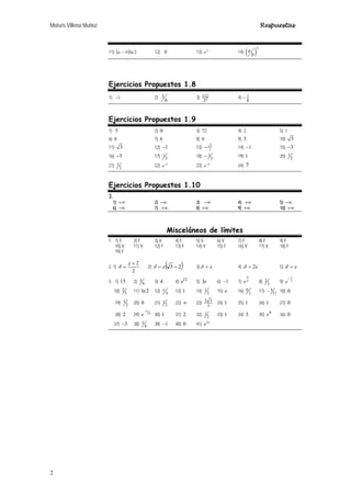 Moisés Villena Muñoz Respuestas
2
11) ( ) 2
ln
b
a − 12) 0 13) 2
e 14) ( )
2
a
b
Ejercicios Propuestos 1.8
1) 1
− 2) 1
6
3)
27
112 4)
8
1
−
Ejercicios Propuestos 1.9
1) 5 2) 0 3) 72 4) 2 5) 1
6) 0 7) 8 8) 0 9) 3 10) 5
11) 3 12) 1
− 13) 3
2
− 14) 1
− 15) 3
−
16) 5
− 17) 2
1 18) 2
1
− 19) 1 20) 2
1
21) 2
1 22) 2
−
e 23) 4
−
e 24) 7
Ejercicios Propuestos 1.10
3.
1) +∞ 2) −∞ 3) −∞ 4) +∞ 5) −∞
6) −∞ 7) +∞ 8) +∞ 9) +∞ 10) +∞
Misceláneos de límites
1. 1) F 2) F 3) V 4) F 5) V 6) V 7) F 8) F 9) F
10) V 11) V 12) F 13) F 14) V 15) F 16) V 17) V 18) F
19) F
2. 1)
2
2
+
=
ε
δ 2) ( )
2
3 +
= ε
δ 3) ε
δ = 4) ε
δ 2
= 5) ε
δ =
3. 1) 15 2) 4
3 3) 4 4)
12
e 5) e
3 6) 1
− 7) π
6
e 8) 3
2 9) 2
1
−
e
10) 5
2 11) 2
ln 12) 4
π 13) 1 14) 2
1 15) e 16) 2
9 17) 11
5
− 18) 0
19) 2
3 20) 0 21) 2
1 22) ∞ 23)
3
3
2
24) 1 25) 1 26) 1 27) 0
28) 2 29) 9
13
−
e 30) 1 31) 2 32) 2
1 33) 1 34) 3 35)
4
e 36) 0
37) 3
− 38) 4
3 39) 1
− 40) 0 41)
2a
e
 