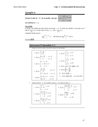 Moisés Villena Muñoz Cap. 2 Continuidad de funciones
67
Ejemplo 6
Calcular el valor de “ A , de ser posible, para que
⎪
⎩
⎪
⎨
⎧
=
≠
−
=
0
;
0
;
1
)
(
2
x
A
x
x
e
x
f
x
sea continua en 0
x = .
SOLUCIÓN:
La función está definida para todo número real excepto 0
=
x . El asunto será definirla en este punto con el
valor de )
(
lím
0
x
f
x→
si es que existe; es decir, )
(
lím
)
0
(
0
x
f
f
A
x→
=
= .
Calculando el límite tenemos:
2
1
lím
2
0
=
−
→ x
e x
x
. (Recuerde que
0
1
lím ln
kx
x
a
k a
x
→
−
= )
Por tanto 2
=
A
Ejercicios Propuestos 2.1
1. Grafique las funciones dadas y determine los puntos de discontinuidad.
1.
4
16
)
(
2
−
−
=
x
x
x
f
2. ( ) ( )
2
2 ; 2
2 ; 2
x x
f x
x
⎧ + ≠ −
⎪
= ⎨
= −
⎪
⎩
3.
⎪
⎪
⎩
⎪
⎪
⎨
⎧

≤
≤
−

=
1
;
1
0
;
0
;
)
(
2
x
x
x
x
x
x
x
f
4.
2
2 3
; 1
( ) 5
2 3 ; 1
x
x
f x
x x x
−
⎧
≤ −
⎪
= ⎨
⎪ − +  −
⎩
5.
2
1 2 ; 3
( )
2 5 ; 3
x x x
f x
x x
⎧ + − ≤
= ⎨
− 
⎩
6. ( )
1
; 2
1
1 ; 2
x
f x x
x x
⎧
≥
⎪
= −
⎨
⎪ − 
⎩
7. ( )
1
; 0
1
1
; 0
1
x
x
f x
x
x
⎧

⎪
⎪ +
= ⎨
⎪ ≥
⎪ −
⎩
8. ( ) ( 2) Sgn( 2)
f x x x
μ
= − + +
9.
1
( )
2
= +
c f
d g
d g
e h
f x x
10. a b
( ) = −
f x x x
11. a b ( )
( ) sen ; 2 ,2
π π
= ∈ −
f x x x
2. Calcular el valor de  A , de ser posible, para que f sea continua en todo R .
1.
⎪
⎩
⎪
⎨
⎧
=
≠
−
−
=
3
;
3
;
9
3
)
( 2
x
A
x
x
x
x
f
2. ( )
2 2
; 6
6
; 6
x
x
f x x
A x
⎧ − −
≠
⎪
= ⎨ −
⎪ =
⎩
3. ( )
2
3
2 3
; 1
1
; 1
x x
x
f x x
A x
⎧ + −
≠
⎪
= −
⎨
⎪ =
⎩
4. ( )
3
3 2
; 1
1
; 1
x
x
f x x
A x
⎧ + −
⎪ ≠
= ⎨ −
⎪ =
⎩
5.
sen
; 0
( )
; 0
x
x
x
f x
A x
⎧
≠
⎪
= ⎨
⎪ =
⎩
 