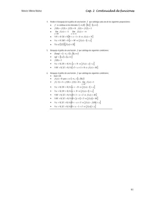 Moisés Villena Muñoz Cap. 2 Continuidad de funciones
81
4. Realice el bosquejo de la gráfica de una función f que satisfaga cada una de las siguientes proposiciones:
• f es continua en los intervalos ( )
0
,
−∞ ; [ ]
1
,
0 ; ( )
+∞
,
1 .
• 0
)
5
(
)
3
(
)
0
( =
=
= f
f
f 1
)
2
(
)
1
( =
= f
f
• 1
)
(
0
−
=
−
→
x
f
lim
x
−∞
=
−∞
→
)
(x
f
lim
x
• [ ]
N
x
f
x
N 
⇒
δ

−


δ
∃

∀ )
(
1
0
0
0
• [ ]
ε
ε 
−
⇒


∃

∀ 1
)
(
0
0 x
f
M
x
M
• ( )[ ]
0
)
(
5
,
3 
∈
∀ x
f
x
5. Bosqueje el gráfico de una función f que satisfaga las siguientes condiciones:
ƒ ( ) [ )
+∞
∪
−
∞
−
= ,
0
1
,
Domf
ƒ [ ) ( ]
+∞
∪
= ,
,
1 e
e
rgf
ƒ 1
)
0
( =
f
ƒ [ ]
ε
ε 
−
⇒

∀

∃

∀ e
x
f
N
x
x
N )
(
,
0
,
0
ƒ [ ]
M
x
f
x
x
M 
⇒

+

−∂
∀

∃∂

∀ )
(
0
1
,
0
,
0
6. Bosqueje el gráfico de una función f que satisfaga las siguientes condiciones:
ƒ Dom f=IR,
ƒ 0
)
( 
x
f para ( ] ( )
1
,
0
1
, ∪
−
−∞
∈
x
ƒ 1
)
(
0
)
1
(
)
0
(
1
)
1
(
0
=
∧
=
=
∧
=
− +
→
x
f
lím
f
f
f
x
ƒ [ ]
ε
ε 
−
⇒
−

∀

∃

∀ 1
)
(
,
0
,
0 x
f
N
x
x
N
ƒ [ ]
ε
ε 
+
⇒

∀

∃

∀ 1
)
(
,
0
,
0 x
f
N
x
x
N
ƒ [ ]
M
x
f
x
x
M 
⇒
∂

−

∀

∃∂

∀ )
(
1
0
,
0
,
0
ƒ [ ]
M
x
f
x
x
M 
⇒
∂

+

∀

∃∂

∀ )
(
1
0
,
0
,
0
ƒ [ ]
ε
ε 
−
⇒
∂

−

∀

∃∂

∀ )
0
(
)
(
0
,
0
,
0 f
x
f
x
x
ƒ [ ]
ε
ε 
⇒
∂

−

∀

∃∂

∀ )
(
1
0
,
0
,
0 x
f
x
x
 