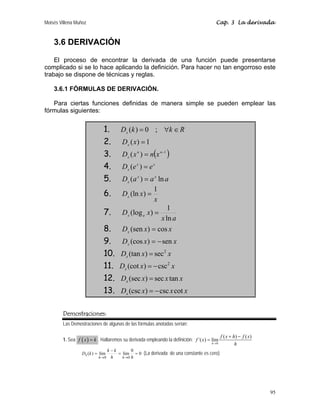 Moisés Villena Muñoz Cap. 3 La derivada
95
3.6 DERIVACIÓN
El proceso de encontrar la derivada de una función puede presentarse
complicado si se lo hace aplicando la definición. Para hacer no tan engorroso este
trabajo se dispone de técnicas y reglas.
3.6.1 FÓRMULAS DE DERIVACIÓN.
Para ciertas funciones definidas de manera simple se pueden emplear las
fórmulas siguientes:
1. R
k
k
Dx ∈
∀
= ;
0
)
(
2. 1
)
( =
x
Dx
3. ( )
1
)
( −
= n
n
x
x
n
x
D
4. x
x
x e
e
D =
)
(
5. a
a
a
D x
x
x ln
)
( =
6.
x
x
Dx
1
)
(ln =
7.
a
x
x
D a
x
ln
1
)
(log =
8. x
x
Dx cos
)
(sen =
9. x
x
Dx sen
)
(cos −
=
10. 2
(tan ) sec
x
D x x
=
11. 2
(cot ) csc
x
D x x
= −
12. (sec ) sec tan
x
D x x x
=
13. (csc ) csc cot
x
D x x x
= −
Demostraciones:
Las Demostraciones de algunas de las fórmulas anotadas serían:
1. Sea ( )
f x k
= . Hallaremos su derivada empleando la definición:
0
( ) ( )
´( ) lím
h
f x h f x
f x
h
→
+ −
=
0
0
lím
lím
)
(
0
0
=
=
−
=
→
→ h
h
k
k
k
D
h
h
x (La derivada de una constante es cero)
 