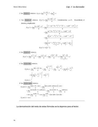 Moisés Villena Muñoz Cap. 3 La derivada
96
2. Sea ( )
f x x
= entonces:
( )
0 0
( ) lím lím 1
x
h h
x h x h
D x
h h
→ →
+ −
= = =
3. Sea ( ) n
f x x
= entonces:
( )
0
( ) lím
n n
n
x
h
x h x
D x
h
→
+ −
= . Consideraremos n∈` . Desarrollando el
binomio y simplificando:
( )
( )
( )
( )
( )
N
1
1 2 2 1
2
0 0
1
1 2 2 1
2
0
1
1 2 2 1
2
0
1
1 2 2
2
0
0 0
0
...
( ) lím lím
...
lím
...
lím
lím ...
n n
n n n n n n
n n
n
x
h h
n n
n n n n
h
n n
n n n n
h
n n
n n n
h
x nx h x h nxh h x
x h x
D x
h h
nx h x h nxh h
h
h nx x h nxh h
h
nx x h nxh
−
− − −
→ →
−
− − −
→
−
− − − −
→
−
− − −
→
⎡ ⎤
+ + + + + −
+ − ⎣ ⎦
= =
+ + + +
=
⎡ ⎤
/ + + + +
⎣ ⎦
=
/
= + + +
 N
( )
1
0
1
( )
n
n n
x
h
D x n x
−
−
⎡ ⎤
⎢ ⎥
+
⎢ ⎥
⎣ ⎦
=

4. Sea ( ) x
f x e
= entonces:
( ) ( )
0 0 0 0
1
1 1
( ) lím lím lím lím
x h h
x h x x h x
x x x
x
h h h h
e e e
e e e e e
D e e e
h h h h
+
→ → → →
− −
− −
= = = = =

6. Sea ( ) ln
f x x
= entonces:
( )
x
x
D
e
x
h
x
h
h
x
h
h
x
h
x
h
x
h
x
x
D
x
x
h
h
h
h
h
h
x
x
x
h
1
)
(ln
ln
1
lím
ln
1
ln
lím
1
ln
lím
ln
lím
ln
ln
lím
)
(ln
1
1
0
1
0
0
0
0
1
=
⎟
⎟
⎠
⎞
⎜
⎜
⎝
⎛
=
⎥
⎥
⎦
⎤
⎢
⎢
⎣
⎡
⎟
⎠
⎞
⎜
⎝
⎛
+
=
⎟
⎠
⎞
⎜
⎝
⎛
+
=
⎟
⎠
⎞
⎜
⎝
⎛
+
=
⎟
⎠
⎞
⎜
⎝
⎛ +
=
−
+
=
→
→
→
→
→
8. Sea ( )
f x sen x
= entonces:
[ ]
( ) ( )
x
x
D
x
x
h
x
h
x
h
x
h
x
h
x
x
h
x
x
x
h
x
h
x
x
D
x
h
h
h
h
h
h
h
x
cos
)
(sen
)
1
(
cos
)
0
(
sen
senh
lím
cos
)
1
(cosh
lím
sen
cos
senh
lím
)
1
(cosh
sen
lím
cos
senh
)
1
(cosh
sen
lím
sen
cos
senh
cosh
sen
lím
sen
)
sen(
lím
)
(sen
0
0
0
0
0
0
0
=
+
=
+
−
=
+
−
=
+
−
=
−
+
=
−
+
=
→
→
→
→
→
→
→
La demostración del resto de estas fórmulas se la dejamos para el lector.
 