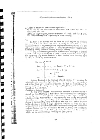 Q. 4. a) State the reasons Tor freebonl-d requirement.
b) Explain the term 'condifions of assignment' and explain h o ~ vthese 31-e
maintained for a ship.
c) Using a simple diagram, indicate freeboards for Type A and Type B giving
one of the type of ships fal!in:: in either category.
Hns.
Freeboard is the distance from the water-line to the edse of the ~~puerniost
continuous deck ai the ship's side, which is usually the nmin deck. A cenain
mlnin,i~mfreeboard is assigned to provide adequate reserve buoyancy, so as to cepe
with adverse weather conditions, as well as a possible limited loss of buoyancy in the
event of ship runnins aground or colliding, leading to floodiny.
To help in differentiating the anlouni of freeboard to be assigned lo different
type5 of vessels, ships are sub-divided as Class A, which includes all vesgels carrying
.bulk liquid cargo ie.y. rankers) and Class B, which includes aii the remaining types.
no1 fallins ii: Class .4 (e.2. con!ainer vessels).
Assigned freeboard is the freeboard allowed, obtained by correcting for
variation from the standard depth, standard sheer, the extent of superstructures fitted
and for bow h e i ~ h tabove water-line, if deficient. The load-line mark indicates the
summer load line and the Assigning authority-(e.gi tlo:wj's Resister is shown by !he
letters L and R, on either side.)
Conditions of Assignment
The ship is first assigned a basic minimum freehoard, on standard values of
strength and form. The change in the freeboard allowed would dcpend on the degree
of water-tightness or weather-tightness, as th: case may he. The height and stiffening
of hatch coaminjs, the constnlction of hatch-coven and theii- locking arrangements,
the machinery space openings including any doors, ventilators n~osthave a means of
closino, air pipes extending above the freeboard deck nlrist have a certain minirnunl
heiSllt and means of closing, ail ship's side valves, cocks and sea chesrs must be as
,,el- specificntions. overboard valves must have a non-return 31-rangenlentand a means
of closini: from above, or liave two valves in the same line, fi~eeing
ports m w i have ;I
minimul1l area, or there may be floatiiiy bulwi~ks,the vessel inmt have adequate
and also a minimom range of stability and ri$ting lesel-s.
 