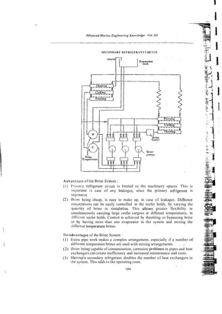 SECONDARY REFRIGERANT CIRCUIT
Ardv,riii;~r,es
of the Brine System :
[I) t'siiiiary refrigerant cirsuit is limited to the machinery spaces. This is
important in case of any leakeges, since the primary refn'gerant is
sxpensive.
(2) Niint: being cheap, is easy to make up, in case of leakages. Different
Icnii>eraturescan be easily controlled in the reefer holds, by varying the
qiiltnrity of brine in circuhtion. This allows greater flexibility in
simultaneously canying large reefer cargoes at different temperatures, in
difi~:ir:rn reefer holds. Control is achieved by throttling or bypassing brine
or by having more than one evaporator in the system and mixing the
diiYerent temperature brines.
Dkwdvnntngrs of the Brine System :
( I ) Extra pipe work makes a complex arrangement, especially if a number of
difkrent temperature brines are used with mixing arrangements. . .
(2) Brinc k i n g capable of contamination, corrosion probiems in pipes and heat
exchangers can create inefficiency and increased maintenance and costs.
(3) I-lavin$hasecondary refrigerant, doubles the number of heat exchangers in
itre system. This adds to the operating costs.
 
