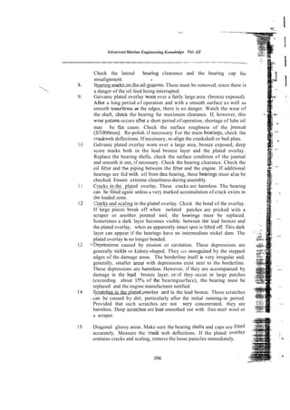 AdvancedMorine Engineering K,rowledge Yol.1
1
1
Check the lateral beafing clearance and the bearing cap for
misalignment. i
Bg~pmarkso~the_oilgraoves.
These must be removed, since there is
a danger of the oil feed being interrupted.
Gaivanic plated overlay worn over a fairly large area (bronze exposed).
Aftcr a long period of operation and with a smooth surface as well as
smooth transitions at the edges, there is no danger. Watch the wear of
the shaft, check the bearing fur maximum clearance. If, however, this
wzar pattern occurs after a short period of operation, shortage of lube oil
may be the cause. Check the surface roughness of the jounial
(2/1000mm). Re-polish if necessary For the main beaEngs, check rile
crankweb deflections. If necessary, re-align the crankshaft or bed plate.
Galvanic plated overlay worn over a large area, bronze exposed, deep
score marks both in the lead bronze layer and the plated overlay.
Replace the bearing shells, check the surface condition of the journal
and smooth it aut, if necessary. Check the bearing clearance. Check the
oil filter and the piping between the fi!ter and the engine. If additional
hearings are fed ~wiihoil from tius bearing, these beariogs must a!;o be
checked. Ensure extreme cleanliness during assembly.
Cracks in the plated overlay. These cracks are harmless. The bearing
can be fitted again unless a very marked accumulation of crack exists in
?heloaded zone.
C&s and scaling in the plate* overlay. Chzck the bond of the overlay.
If large pieces break off when isolated patches are pricked wi:h a
scraper or another pointed tool, the beariny musr be replaced.
Sometimes a dark layer becomes visible. between ihe lead bronze and
the plated overlay, when an apparently intact spot is lifted off. This dark
layer can appear if the bearings have no intermediate nickel dam. The
plated overlay is no longer bonded.
iiDepressions caused by erosion or cavitation. These depressions are
generally sickie or kidney-shaped. They are recognised by the stepped
edges of the damage areas. The borderline itself is very irregular and,
generally, smaller are= with depressions exist next to the borderline.
These depressions are harmless. However, if they are accompanied by
damage in the lead bronze layer, or:--if they occur in large patches
(exceeding about 15% of the bearingsurface), the- bearing must be
replaced and the engine manufacturer notified.
S m h e s in the platplatedoverlay
m d in the lead bronze. These scratches
- can be caused by dirt, particularly after the initial running-in period.
Provided that such scratches are not veIy concenrrated, they are
harmless. Deep scratches are best smoothed out with fine steel wool or
a scraper.
Diagonal glossy areas. Make sure the bearing shells and caps are fined
accurately. Measure the :rank web deflections. If the plated overlay
contains cracks and scaling, remove the loose panicles immediately.
 