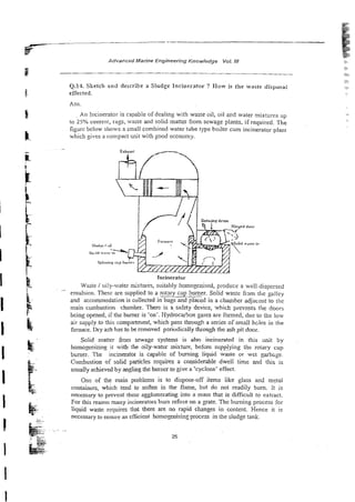 Advanced Marine Engineering Knowledge Yo/. NI
Q.14. Sketch and describe a Sludge Incinerator ? H o w is the waste disposa:
effected.
Ans
An Incinerator is capable of dealing with waste oil, oil and water mixtures up
to 25% content, rags, waste and soiid matter from sewage plants, if required. The
figurc below shows a small combined water tube iype boiler cum incinerator plant
which gives a compact unit with good economy.
Si"d~r/,,il
I;*:::,$ ,
c
7
m
-
Spinning cup bu
Incinerator
Wasit: i oily-water mixtures, suitably homogenised, produce a well-dispersed
emulsion. These are supplied to a rotsry cup burner. Solid waste f n m ?Ite galley
and accommodation is collected in bags and placed in a chamber adjacent to thc
main combustron chamber. There is a safety device, which prevents the doors
being opened, if the burner is 'on'. Hydrocarbcn gases are formed, duz to the low
air supply to this compartment, which pass throtigh a series cismall h ~ i e s
in the
furnace. Dry ash has to be removed pcriodicaliy through the ash pit door.
Solid matter from sewage systems is also incinerated in this unit by
homogenizing it with the oily-water mixture, befjre supp-;;ring thc rotary cup
bfirner. The incinerator is capable of burning liquid waste or wet garbqe.
Combustion o i solid paicles requires a considerable dwell time and this is
usually achieved by angling the burner to give a 'cyclone' effect.
One of the main problems is to dispose-off items like glass and metal
containers, which tend to soften in the flame, but do not readily bum. It is
necessary to prevent these agglomerating into a mass that is difficult to extract.
For this reason many incinerators bum refuse on a grate. The burning process for
liquid waste requires that there are no rapid changes in content. Hence it is
necessary to ensure an efficient homogenising process in the sludge tank.
 