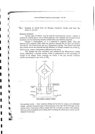 J
'~.4 Explain in detail how a n Oxygen Analyzer works and how the
meter is zeroed.
Oxygen Analyzer
Various types of meters may be used for measuring the oxygen content. A
contir,uozs reading type is one in which platinum wire elements are mo~ntedin two
chambers, one the rneasuling chamber and the other, the reference chamber.
Oxygen is paramagetic, i.e. ii is attracted to magnetic fields. Thus one
Elamen1 has a magnetic field, while the referewe filament bas no field, an: attracts
only the air. The circuit forms parT of a Wheatstone's Bridge. The filtered and dried
gas is drawn across the elements and &e difference in thermal conductivity of the O,,
reiacive to air, causes -.temperature diff~rerice
in the wires.
This changes the wire resistance, and unbalances the Wheatstone's bridge
circuit, generating a resultant current, which is proportional to the percentage o i
oxygen in the smpie. F a k e readings arc likely if tne gas sarn;.,le contains
anorher paramagnetic gas such as NO,.
Zero position check : 'Zero' position setting can be done by using a pre-calibrated
sample, and then setting the span of the instrument. Test with 100 % Nitrozen. [ COZ
may be used in emergency.] Open control valve for 3 minutes, to obtain zero reading.
Now test with atmospheric air to obtain 20.8 % reading for which spa11 control can be
adjusted if necessary.
 