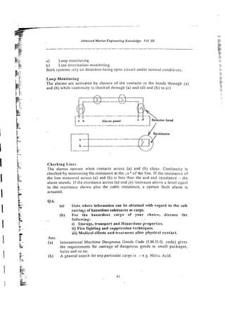 a) Loop monitormg
b) Line termination monitoring
Both systems rely on detectors being open circuit under normal condition^
Loop Monitoring
The alarms are activated by closure of rhe contacts in the heads through (a)
and (b) while continuity is checked rhrough (a) and (d) and (b) to (c)
A
i b ) V
I I
s
t b Alaz-m panel Detector head
i
Checking Lines
The alarms operate when contacts acioss (a) and (h) close. Continuity is
checked by monitoring the resistance at the ;iiJ o f the line. If the resistance of
the line measurqd across (a) and (b) is less than the and end resistance - the
alarm sounds. If the resistance across (a) and jb) increases ab0x.e a level eqtial
to the resistance shown plus the cable resistance, a system fault alarm is
acluated.
4.6.
(a) State where information can be obtained with regard to the safe
earriagz of hazardous substances as cargo.
(b) F o r the hazardous cargo of your choice, discuss the
.
.
. following:
i) Storage, transport and Hazardous properties.
ii) Fire fighting and suppression techniques.
iii) Medical effeets and treatment after physical contact.
Ans.
(=) International Maritime Dangerous Goods Code (I.M.D.G. code) gives
(he requirements for carriage of dangerous scads in small packages,
bales and so on.
(bf A general search for any particular cargo is :-e.g. Nitric Acid.
 