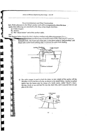 Naval Architecture and Ship Construction
Q.f. With reference to the Ship's anchor and cable arrangements, describe how . .
q c b oithe following are attached to the ship, using simple sketches : ' '
a) ,Cablestopper.
. .
b) Anchor.
c) The 'chain locker' end of the anchor cable.
wstte s&<_s k ~ , h n c . K i ' i % ~ * ~ _ a ~ ~ - ~ ~ ~
- -
.
.
S
T
-

,
-
2
e
-
-
x
-
= -.

,

% 
-

-%% -&hbshx
ower gf the pipezwin theshain lockeris %ell mouthed' and
- ~~ ~
fined.&h a solid roundrubbing edge, to prevent !he cable %onchafing.
a) The cable stapper is used to lock the chain, to take weight of the anchor offthe
Windlass. It is in the form of a bar, as shown iri the sketch below. Anchor is pulled
tightly into the hawse pipe by means of a bottle screw, called 'Devil's claw',
having a book at one end that fits isto the chain l
i
n
k
, znd is s a z r d into an eye
plate at the other.
 
