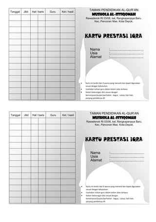 TAMAN PENDIDIKAN AL-QUR’AN
Tanggal   Jilid   Hal / baris   Guru   Ket / hasil
                                                            MUSHOLA AL-ISTIQOMAH
                                                     Rawadenok Rt 03/08, kel, Rangkapanjaya Baru.
                                                          Kec, Pancoran Mas. Kota Depok.




                                                          Nama                  :.................................
                                                          Usia                  :.................................
                                                          Alamat                :.................................




                                                     Kartu ini terdiri dari 6 warna yang menarik dan dapat digunakan
                                                     sesuai dengan kebutuhan.
                                                     Usahakan tulisan guru dalam kolom jelas terbaca.
                                                     Kolom keterangan diisi sesuai dengan
                                                     kemampuan/pujian/perhatian : bagus, cukup, hati-hati,
                                                     panjang pendeknya dll.




                                                         TAMAN PENDIDIKAN AL-QUR’AN
Tanggal   Jilid   Hal / baris   Guru   Ket / hasil
                                                            MUSHOLA AL-ISTIQOMAH
                                                     Rawadenok Rt 03/08, kel, Rangkapanjaya Baru.
                                                          Kec, Pancoran Mas. Kota Depok.




                                                          Nama                  :.................................
                                                          Usia                  :.................................
                                                          Alamat                :.................................




                                                     Kartu ini terdiri dari 6 warna yang menarik dan dapat digunakan
                                                     sesuai dengan kebutuhan.
                                                     Usahakan tulisan guru dalam kolom jelas terbaca.
                                                     Kolom keterangan diisi sesuai dengan
                                                     kemampuan/pujian/perhatian : bagus, cukup, hati-hati,
                                                     panjang pendeknya dll.
 