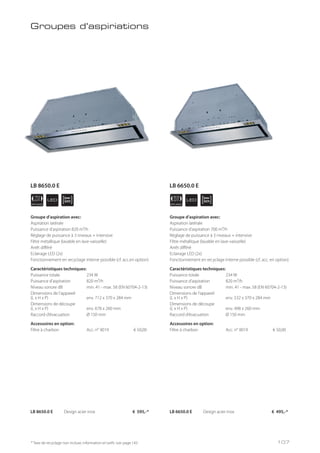 APPLIANCE
70
cm
APPLIANCE
53
cmLED LED
Groupes d’aspiriations
Groupe d’aspiration avec:
Aspiration latérale
Puissance d’aspiration 820 m³/h
Réglage de puissance à 3 niveaux + intensive
Filtre métallique (lavable en lave-vaisselle)
Arrêt différé
Eclairage LED (2x)
Fonctionnement en recyclage interne possible (cf. acc.en option)
Caractéristiques techniques:
Puissance totale 234 W
Puissance d’aspiration 820 m³/h
Niveau sonore dB min. 41 - max. 58 (EN 60704-2-13)
Dimensions de l’appareil
(L x H x P) env. 712 x 370 x 284 mm
Dimensions de découpe
(L x H x P) env. 678 x 260 mm
Raccord d’évacuation Ø 150 mm
Accessoires en option:
Filtre à charbon Acc. n° 9019 € 50,00
Groupe d’aspiration avec:
Aspiration latérale
Puissance d’aspiration 700 m³/h
Réglage de puissance à 3 niveaux + intensive
Filtre métallique (lavable en lave-vaisselle)
Arrêt différé
Eclairage LED (2x)
Fonctionnement en recyclage interne possible (cf. acc. en option)
Caractéristiques techniques:
Puissance totale 234 W
Puissance d’aspiration 820 m³/h
Niveau sonore dB min. 41 - max. 58 (EN 60704-2-13)
Dimensions de l’appareil
(L x H x P) env. 532 x 370 x 284 mm
Dimensions de découpe
(L x H x P) env. 498 x 260 mm
Raccord d’évacuation Ø 150 mm
Accessoires en option:
Filtre à charbon Acc. n° 9019 € 50,00
LB 8650.0 E Design acier inox € 595,-* LB 6650.0 E Design acier inox € 495,-*
* Taxe de recyclage non incluse; information et tarifs: voir page 143
LB 8650.0 E LB 6650.0 E
107
 