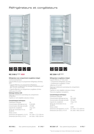 NICHE
178 cm
NICHE
178 cm
AENERGY
AENERGY
ST STLED
Réfrigérateur avec compartiment congélation intégré:
3 zones de température
Capacité effective pour le compartiment réfrigérateur 294 litres,
dont
– Capacité effective p. le compartiment réfrigérateur
268 litres avec compartiment de stockage à température„cave”
(env. 7,5° à 9° C de 61 litres).
– Capacité effective p. le compartiment congélation 26 litres
100 % sans CFC et HFC
Eclairage intérieur LED
Dégivrage entièrement automatique du compartiment
réfrigérateur
Clayettes en verre réglables à plusieurs niveaux
Caractéristiques techniques:
Classification d’énergie A+
Consommation d’énergie par jour 0,764 kWh
Consommation d’énergie annuelle 279 kWh
Capacité de congélation 3 kg / 24 h
Temps de conservation en cas 20 h
de panne
Niveau sonore 36 dB
Dimensions de l’appareil (L x H x P) env. 540 x 1.772 x 549 mm
Dimensions de niche (L x H x P) env. 560 x 1.780 x 550 mm
Réfrigerateur-congélateur intégré:
Capacité effective, 277 litres, dont
– compartiment réfrigérateur 202 litres
– compartiment congélation 75 litres
100% sans CFC et HFC
Dégivrage entièrement automatique du compartiment
réfrigérateur
Clayettes en verre réglables à plusieurs niveaux
Tiroirs de congélation transparents
Caractéristiques techniques:
Classification d’énergie A+
Consommation d’énergie par jour 0,814 kWh
Consommation d’énergie annuelle 297 kW/h
Capacité de congélation 10 kg / 24 h
Temps de conservation en cas 21 h
de panne
Niveau sonore 36 dB
Dimensions de l’appareil (L x H x P) env. 540 x 1772 x 549 mm
Dimensions de niche (L x H x P) env. 560 x 1780 x 550 mm
Réfrigérateurs et congélateurs
IKE 3180-2 Avec système de porte glissière € 1.145,-* IKE 3260-1-2T Avec système de porte glissière € 975,-*
* Taxe de recyclage non incluse; information et tarifs: voir page 143
IKE 3180-2 **** NEW IKE 3260-1-2T ****
124
 