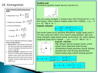 Prediksi soal
Perhatikan gambar kawat berarus berikut ini.
Jika arus yang mengalir 2 ampere dan titik P berjarak 0,5  cm
dari kawat, maka induksi magnet pada titik P adalah....( µ0 = 4
π x 10-7 Wb A-1m-1 )
Kuprett solusion
Dua buah kawat lurus panjang diletakkan sejajar pada jarak 2
cm satu sama lain dialiri arus seperti pada gambar. Jika arus
yang mengalir pada kedua kawat sama besar 3A, maka induksi
magnetik pada titik P adalah .... (o = 4.10-7 Wb.A-1.m-1)
Kuprett solusion
Tip: dengan aturan tangan kanan untuk
kawat lurus diperoleh arah B yang
ditimbulkan kawat pertama masuk bidang
gambar dan arah B yang ditimbulkan
kawat kedua juga masuk bidang gambar
7
0 4 .10 .... ....
....
2 2 ....
iN x x
B
a x
  
  
....
....
10
.
2
....
10
.
4
....
10
.
2
....
10
.
4
7
7
7
7
2
1 



 



x
x
x
x
B
B
BP




....
10
.
2
2
2
1
1
7
2
1 











 
a
i
a
i
B
B
BP
 