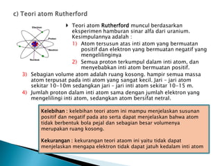  Teori atom Rutherford muncul berdasarkan
eksperimen hamburan sinar alfa dari uranium.
Kesimpulannya adalah :
1) Atom tersusun atas inti atom yang bermuatan
positif dan elektron yang bermuatan negatif yang
mengelilinginya
2) Semua proton terkumpul dalam inti atom, dan
menyebabkan inti atom bermuatan positif.
3) Sebagian volume atom adalah ruang kosong. hampir semua massa
atom terpusat pada inti atom yang sangat kecil. Jari – jari atom
sekitar 10-10m sedangkan jari – jari inti atom sekitar 10-15 m.
4) Jumlah proton dalam inti atom sama dengan jumlah elektron yang
mengelilingi inti atom, sedangkan atom bersifat netral.
Kelebihan : kelebihan teori atom ini mampu menjelaskan susunan
positif dan negatif pada ato serta dapat menjelaskan bahwa atom
tidak berbentuk bola pejal dan sebagian besar volumenya
merupakan ruang kosong.
Kekurangan : kekurangan teori ataom ini yaitu tidak dapat
menjelaskan mengapa elektron tidak dapat jatuh kedalam inti atom
 
