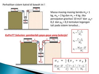 Perhatikan sistem katrol di bawah ini !
MC
MB
MA
Massa masing-masing benda mA= 1
kg, mB = 2 kg dan mc = 4 kg. Jika
percepatan gravitasi 10 m/s2 dan µA=
0,2 dan µB = 0,3 tentukan tegangan
tali pada sistem tersebut…
KuPreTT Solusion: gambarlah gaya-gaya yang bekerja!
 