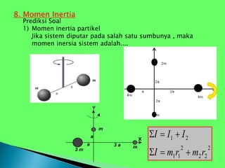 8. Momen Inertia
Prediksi Soal
1) Momen inertia partikel
Jika sistem diputar pada salah satu sumbunya , maka
momen inersia sistem adalah....
m
3 m
m
a
a 3 a
X
Y
2
2
2
2
1
1
2
1
r
m
r
m
I
I
I
I






 