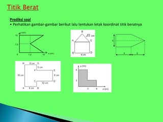 Prediksi soal
• Perhatikan gambar-gambar berikut lalu tentukan letak koordinat titik beratnya
6 6
6
15
7,5
0 15
7,5
x (cm)
y (cm)
 