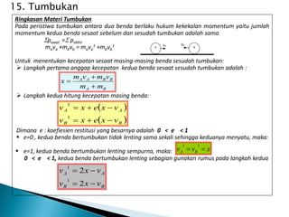 Ringkasan Materi Tumbukan
Pada peristiwa tumbukan antara dua benda berlaku hukum kekekalan momentum yaitu jumlah
momentum kedua benda sesaat sebelum dan sesudah tumbukan adalah sama
pawal = pakhir
mava +mbvb = mava
1 +mbvb
1
Untuk menentukan kecepatan sesaat masing-masing benda sesudah tumbukan:
 Langkah pertama anggap kecepatan kedua benda sesaat sesudah tumbukan adalah :
 Langkah kedua hitung kecepatan masing benda:
Dimana e : koefiesien restitusi yang besarnya adalah 0 < e < 1
 e=0 , kedua benda bertumbukan tidak lenting sama sekali sehingga keduanya menyatu, maka:
 e=1, kedua benda bertumbukan lenting sempurna, maka:
0 < e < 1, kedua benda bertumbukan lenting sebagian gunakan rumus pada langkah kedua
A B
vA VB
B
A
B
B
A
A
m
m
v
m
v
m
x



 
 
B
B
A
A
v
x
e
x
v
v
x
e
x
v






1
1
B
B
A
A
v
x
v
v
x
v




2
2
1
1
15. Tumbukan
x
v
v B
A 

1
1
 