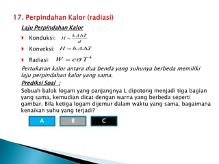 Laju Perpindahan Kalor
 Konduksi:
 Konveksi:
 Radiasi:
Pertukaran kalor antara dua benda yang suhunya berbeda memiliki
laju perpindahan kalor yang sama.
Prediksi Soal :
Sebuah balok logam yang panjangnya L dipotong menjadi tiga bagian
yang sama, kemudian dicat dengan warna yang berbeda seperti
gambar. Bila ketiga logam dijemur dalam waktu yang sama, bagaimana
kenaikan suhu yang terjadi?
d
T
A
k
H


T
A
h
H 
 .
.
4
T
e
W 

A B C
 