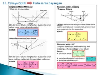 Ringkasan Materi Mikroskop
Mata tak berakomodasi
Ciri-ciri: Lensa Okuler menghasilkan dua berkas sinar
sejajar maka mata tak berakomodasi
Rumus:
Mata berakomodasi maksimum
Ciri-ciri: Lensa Okuler menghasilkan dua berkas sinar
yang melebar maka mata berakomodasi maksimum
Rumus:
Ringkasan Materi Teropong
Teropong Bintang
Ciri-ciri: Lensa Okuler menghasilkan berkas sinar
sejajar karena benda yang diamati jaraknya jauh
sehingga mata tak berakomodasi
Rumus:
obyektif okuler
S
1
oby=foby S oku= foku
oku
oby
oby
F
PP
x
S
S
M
1

1
1


oku
oby
oby
F
PP
x
S
S
M
oku
oby
oku
oby
f
f
d
f
f
M



Ringkasan Materi LUP
LUP (kaca pembesar) pada mikroskop dan
teropong berfungsi sebagai Lensa Okuler
Rumus:
 Kekuatan lensa :
 mata berakomodasi maksimum :
 mata tak berakomodasi :
1


f
PP
M
   
cm
m f
f
P
100
1


  "
"
100
cm
dalam
PP
satuan
bila
P
PP
f
PP
M 


 