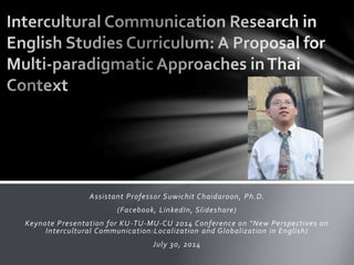 Assistant Professor Suwichit Chaidaroon, Ph.D.
(Facebook, LinkedIn, Slideshare)
Keynote Presentation for KU-TU-MU-CU 2014 Conference on “New Perspectives on
Intercultural Communication:Localization and Globalization in English)
July 30, 2014
 