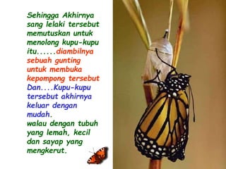 Sehingga Akhirnya 
sang lelaki tersebut 
memutuskan untuk 
menolong kupu-kupu 
itu......diambilnya 
sebuah gunting 
untuk membuka 
kepompong tersebut 
Dan....Kupu-kupu 
tersebut akhirnya 
keluar dengan 
mudah. 
walau dengan tubuh 
yang lemah, kecil 
dan sayap yang 
mengkerut. 
 