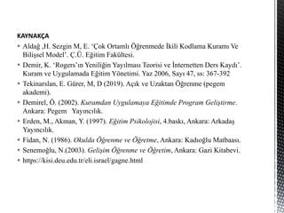 KAYNAKÇA
 Aldağ ,H. Sezgin M, E. ‘Çok Ortamlı Öğrenmede İkili Kodlama Kuramı Ve
Bilişsel Model’. Ç.Ü. Eğitim Fakültesi.
 Demir, K. ‘Rogers’ın Yeniliğin Yayılması Teorisi ve İnternetten Ders Kaydı’.
Kuram ve Uygulamada Eğitim Yönetimi. Yaz 2006, Sayı 47, ss: 367-392
 Tekinarslan, E. Gürer, M, D (2019). Açık ve Uzaktan Öğrenme (pegem
akademi).
 Demirel, Ö. (2002). Kuramdan Uygulamaya Eğitimde Program Geliştirme.
Ankara: Pegem Yayıncılık.
 Erden, M., Akman, Y. (1997). Eğitim Psikolojisi, 4.baskı, Ankara: Arkadaş
Yayıncılık.
 Fidan, N. (1986). Okulda Öğrenme ve Öğretme, Ankara: Kadıoğlu Matbaası.
 Senemoğlu, N.(2003). Gelişim Öğrenme ve Öğretim, Ankara: Gazi Kitabevi.
 https://kisi.deu.edu.tr/eli.israel/gagne.html
 