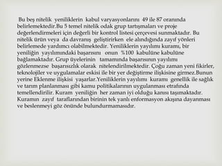 Bu beş nitelik yeniliklerin kabul varyasyonlarını 49 ile 87 oranında
belirlemektedir.Bu 5 temel nitelik odak grup tartışmaları ve proje
değerlendirmeleri için değerli bir kontrol listesi çerçevesi sunmaktadır. Bu
nitelik ürün veya da davranış geliştirirken ele alındığında zayıf yönleri
belirlemede yardımcı olabilmektedir. Yeniliklerin yayılımı kuramı, bir
yeniliğin yayılımındaki başarısını onun %100 kabulüne kabulüne
bağlamaktadır. Grup üyelerinin tamamında başarısının yayılımı
gözlenmezse başarısızlık olarak nitelendirilmektedir. Çoğu zaman yeni fikirler,
teknolojiler ve uygulamalar eskisi ile bir yer değiştirme ilişkisine girmez.Bunun
yerine Eklenme ilişkisi yaşarlar.Yeniliklerin yayılımı kuramı genellik ile sağlık
ve tarım planlanması gibi kamu politikalarının uygulanması etrafında
temellendirilir. Kuram yeniliğin her zaman iyi olduğu kanısı taşımaktadır.
Kuramın zayıf taraflarından birinin tek yanlı enformasyon akışına dayanması
ve beslenmeyi göz önünde bulundurmamasıdır.
 