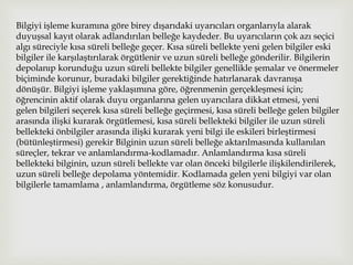 Bilgiyi işleme kuramına göre birey dışarıdaki uyarıcıları organlarıyla alarak
duyuşsal kayıt olarak adlandırılan belleğe kaydeder. Bu uyarıcıların çok azı seçici
algı süreciyle kısa süreli belleğe geçer. Kısa süreli bellekte yeni gelen bilgiler eski
bilgiler ile karşılaştırılarak örgütlenir ve uzun süreli belleğe gönderilir. Bilgilerin
depolanıp korunduğu uzun süreli bellekte bilgiler genellikle şemalar ve önermeler
biçiminde korunur, buradaki bilgiler gerektiğinde hatırlanarak davranışa
dönüşür. Bilgiyi işleme yaklaşımına göre, öğrenmenin gerçekleşmesi için;
öğrencinin aktif olarak duyu organlarına gelen uyarıcılara dikkat etmesi, yeni
gelen bilgileri seçerek kısa süreli belleğe geçirmesi, kısa süreli belleğe gelen bilgiler
arasında ilişki kurarak örgütlemesi, kısa süreli bellekteki bilgiler ile uzun süreli
bellekteki önbilgiler arasında ilişki kurarak yeni bilgi ile eskileri birleştirmesi
(bütünleştirmesi) gerekir Bilginin uzun süreli belleğe aktarılmasında kullanılan
süreçler, tekrar ve anlamlandırma-kodlamadır. Anlamlandırma kısa süreli
bellekteki bilginin, uzun süreli bellekte var olan önceki bilgilerle ilişkilendirilerek,
uzun süreli belleğe depolama yöntemidir. Kodlamada gelen yeni bilgiyi var olan
bilgilerle tamamlama , anlamlandırma, örgütleme söz konusudur.
 