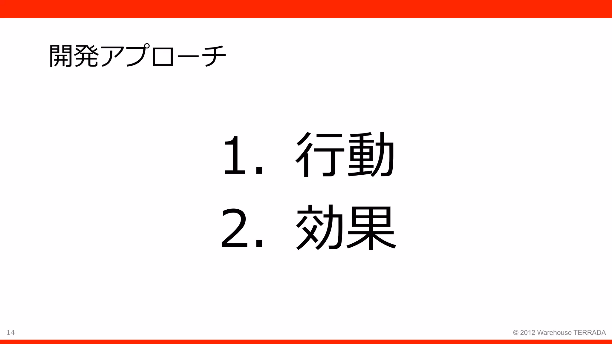 14 © 2012 Warehouse TERRADA
開発アプローチ
1.  ⾏動
2.  効果
 