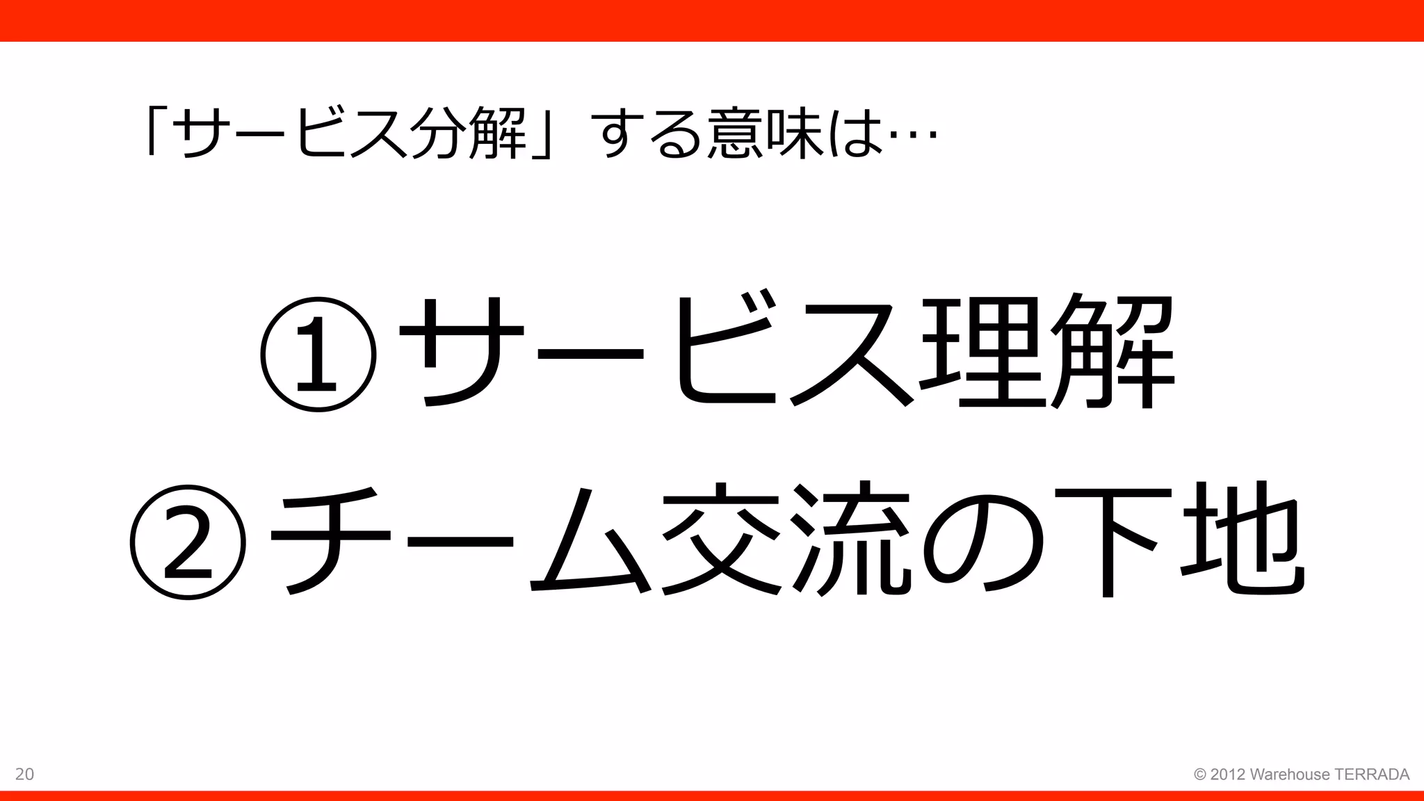 20 © 2012 Warehouse TERRADA
「サービス分解」する意味は…
① サービス理解
② チーム交流の下地
 