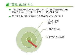 「品質」とはなにか？	
  「誰が顧客なのかがわからなければ、何が品質なのかも
 わからない。」（リーンスタートアップより）	
  
  そのテストの⽬目的はなにか？何を売っているのか？	
  

                     プログラム
                     の正しさ	
  

                     仕様の正しさ	
  


                    ビジネスの正しさ	
  
 