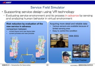 Service Field Simulator
•Supporting service design using VR technology
– Evaluating service environment and its process in advance by sensing
and analyzing human behavior in virtual environment
Risk reduction by evaluation of the
new service in advance
comparison between
• current layout and new layout plan
• current process and new process
Acquiring more detail and reliable data
• Various sensors are available because of
limited sensing area
• Easy to control the condition
As is New plan
With EEG
With Eye-Tracker
43
 