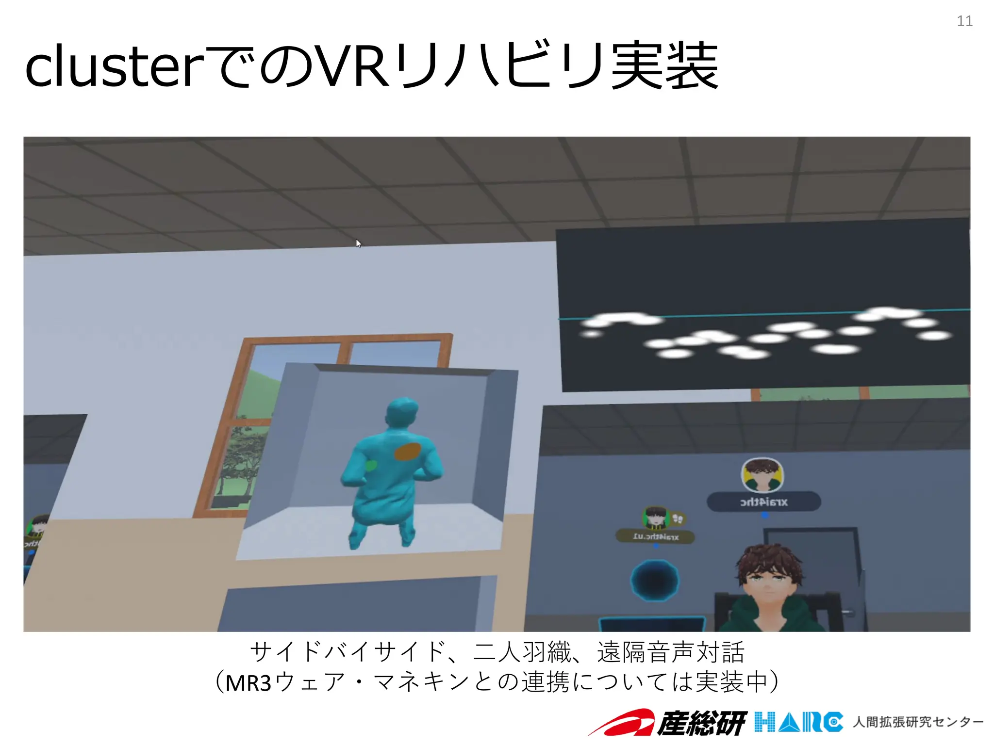clusterでのVRリハビリ実装
11
サイドバイサイド、二人羽織、遠隔音声対話
（MR3ウェア・マネキンとの連携については実装中）
 