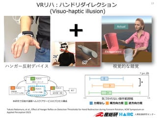 ハンガー反射デバイス 視覚的な錯覚
Actual
Exaggerated
VRリハ：ハンドリダイレクション
(Visuo-haptic illusion)
13
本研究で目指す遠隔ヘルスケアサービスのプロセス構成
Takuto Nakamura, et al., Effect of Hanger Reflex on Detection Thresholds for Hand Redirection during Forearm Rotation, ACM Symposium on
Applied Perception 2023
 